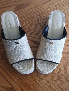 Larroude Cream Slide Mules with Black Trim